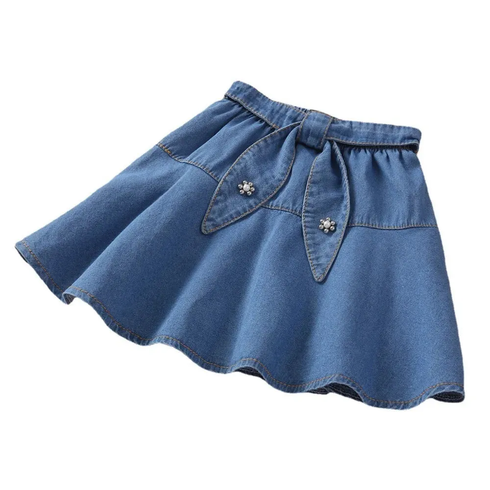 2024 New Summer Girls Denim Skirt Fashionable Blue Korean Style Little Girl Skirt Children's Clothing Princess Skirt