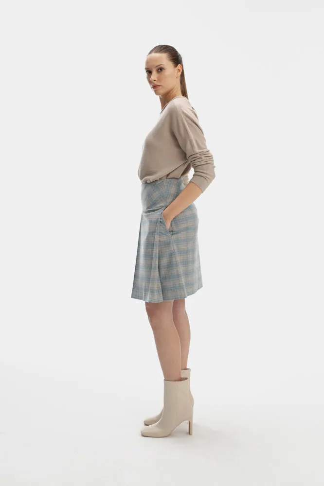 ABOVE-THE-KNEE LENGTH SKY BLUE SKIRT IN CHECKS