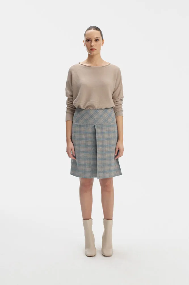 ABOVE-THE-KNEE LENGTH SKY BLUE SKIRT IN CHECKS