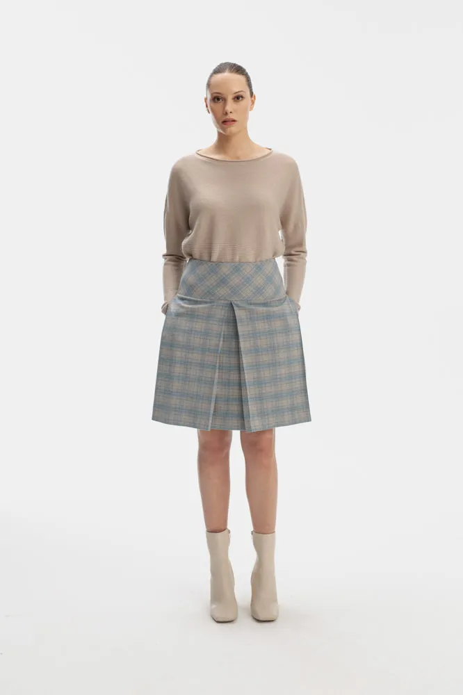 ABOVE-THE-KNEE LENGTH SKY BLUE SKIRT IN CHECKS