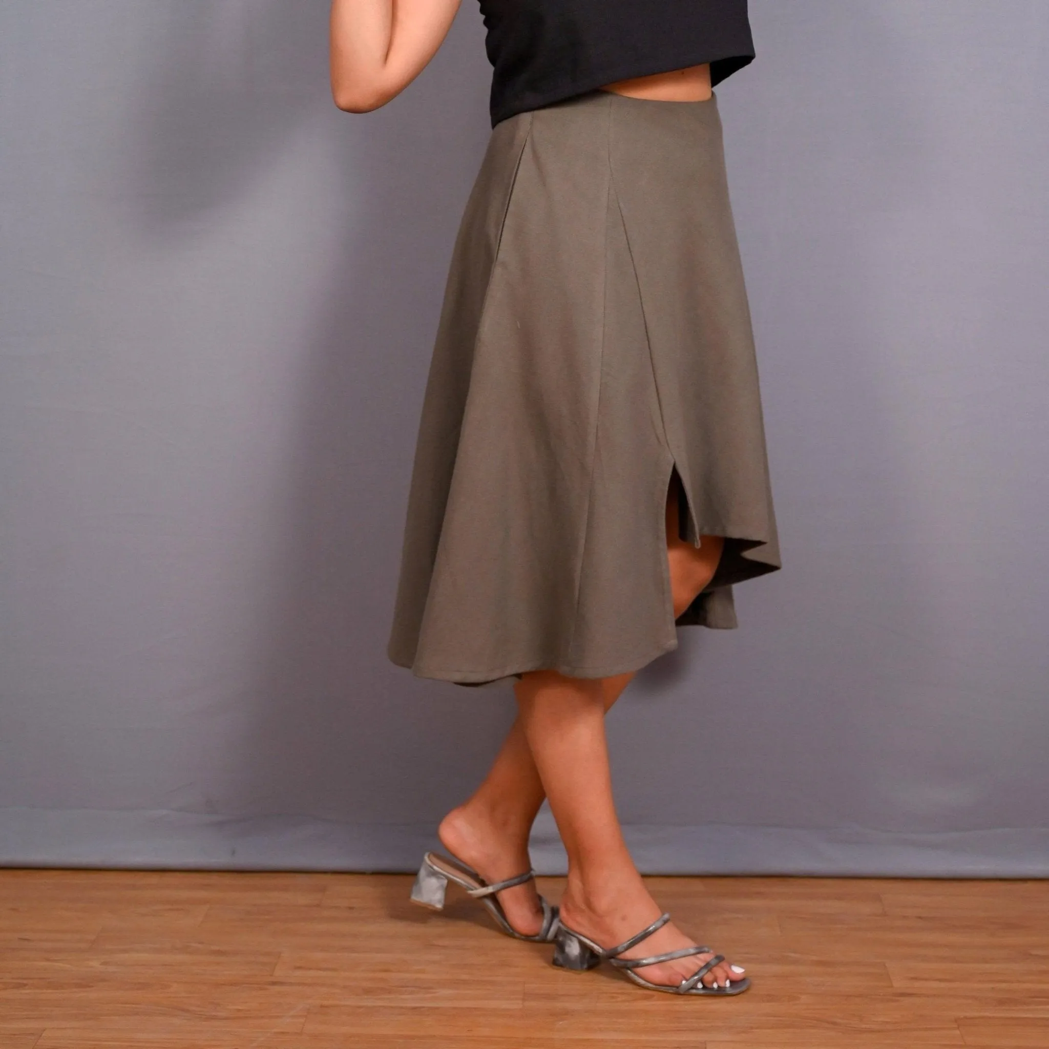 Ash Grey Warm Cotton Flannel Front Slit Asymmetric High-Low Skirt