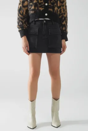 Black Denim Miniskirt with Cargo Pockets