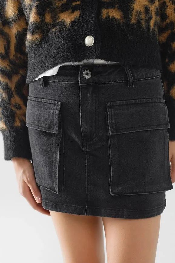 Black Denim Miniskirt with Cargo Pockets