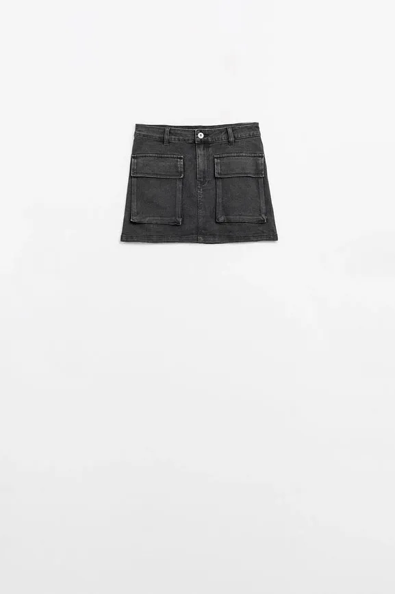 Black Denim Miniskirt with Cargo Pockets