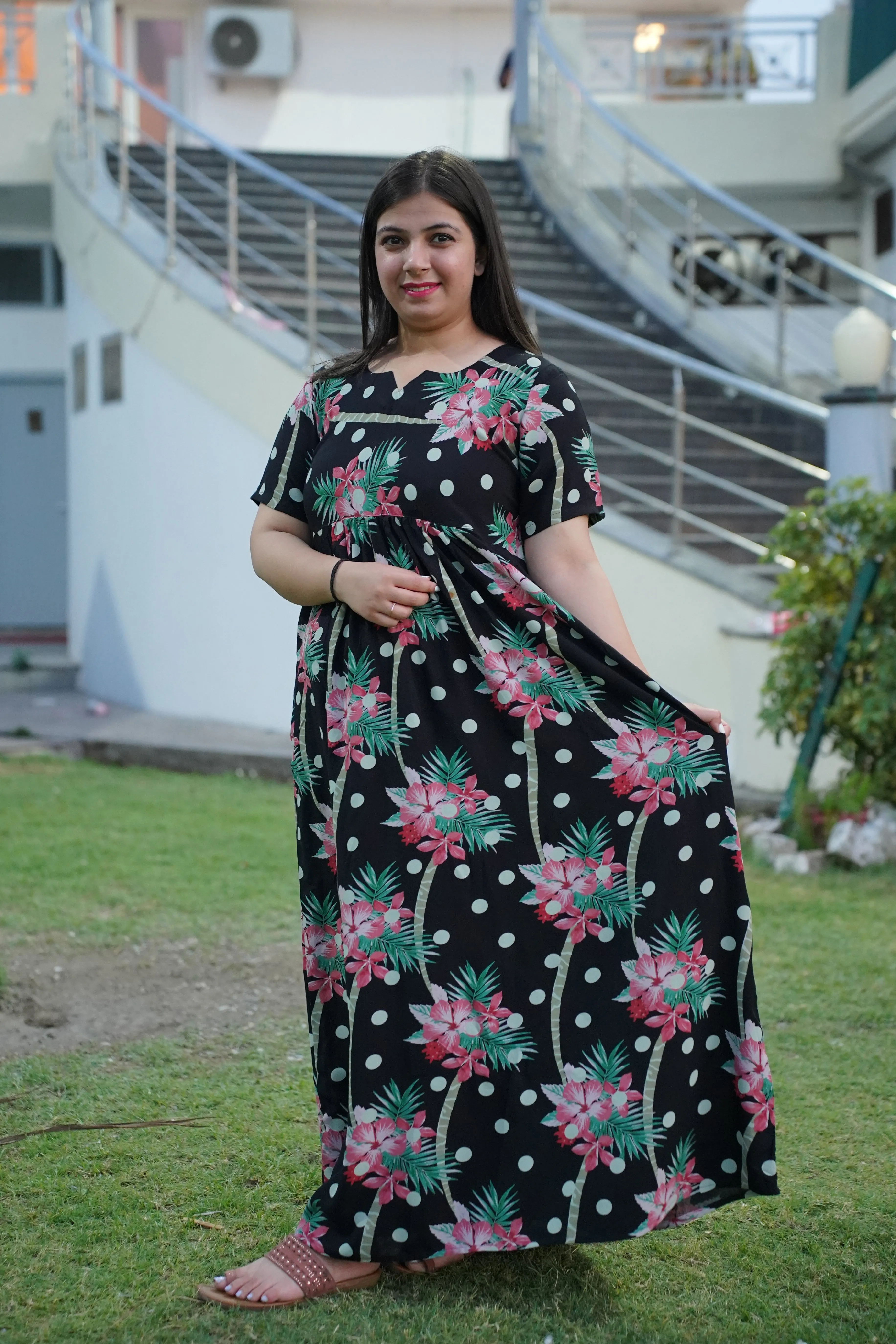 Black Polka Floral Night Gown