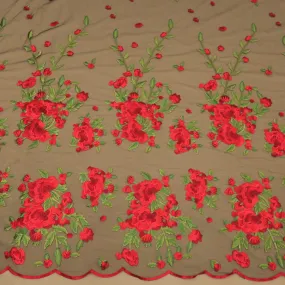 Black, Red and Green Floral Embroidered Tulle Fabric