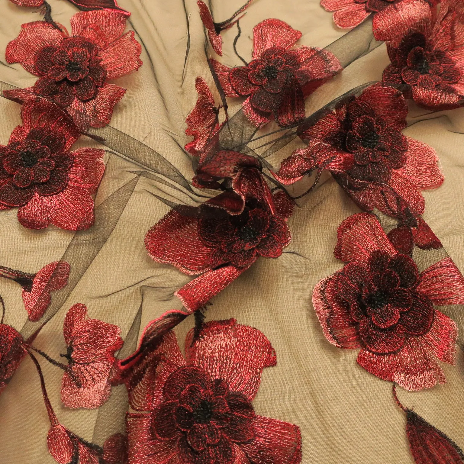 Black Tulle with Wine Red 3D Floral Design Embroidered  Fabric