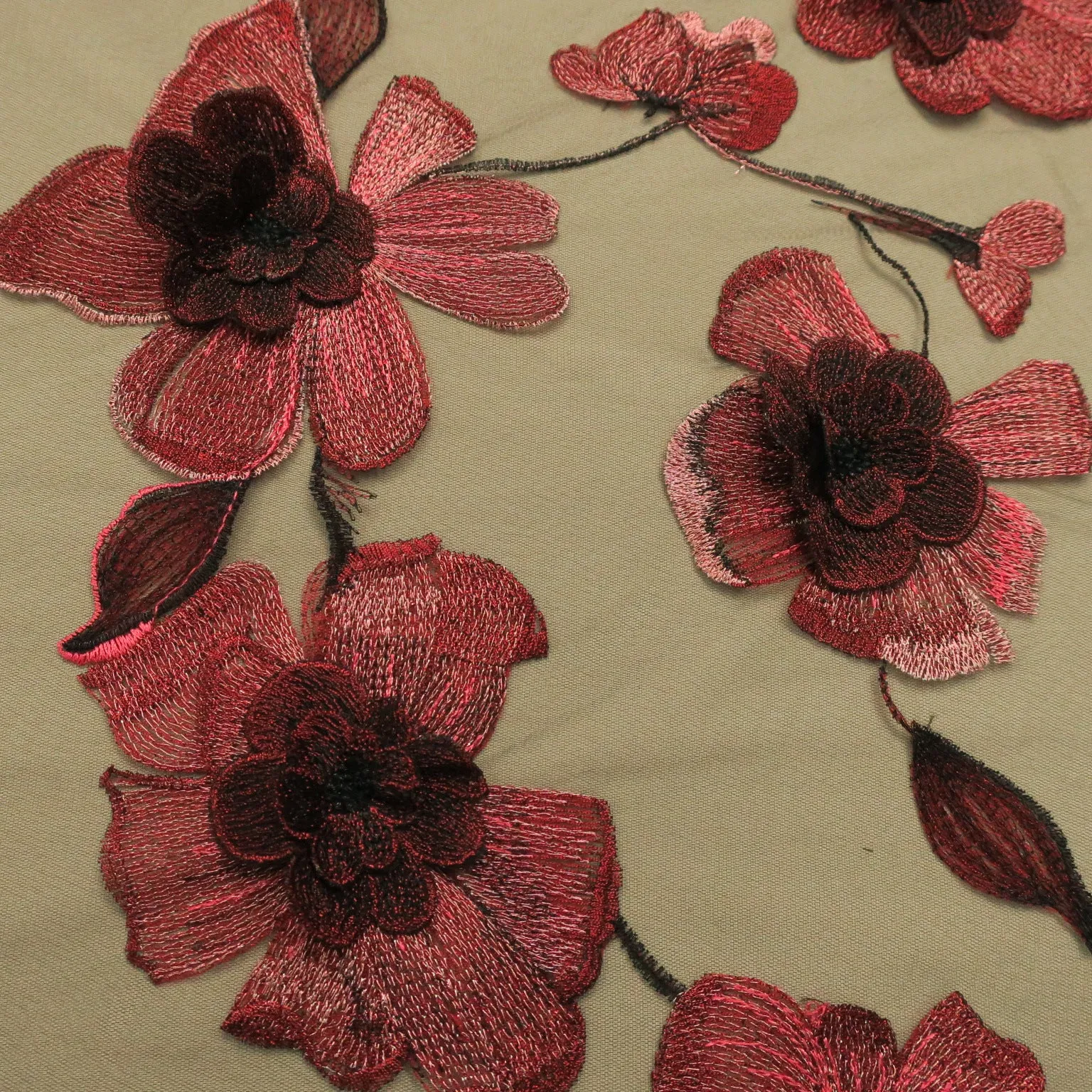 Black Tulle with Wine Red 3D Floral Design Embroidered  Fabric