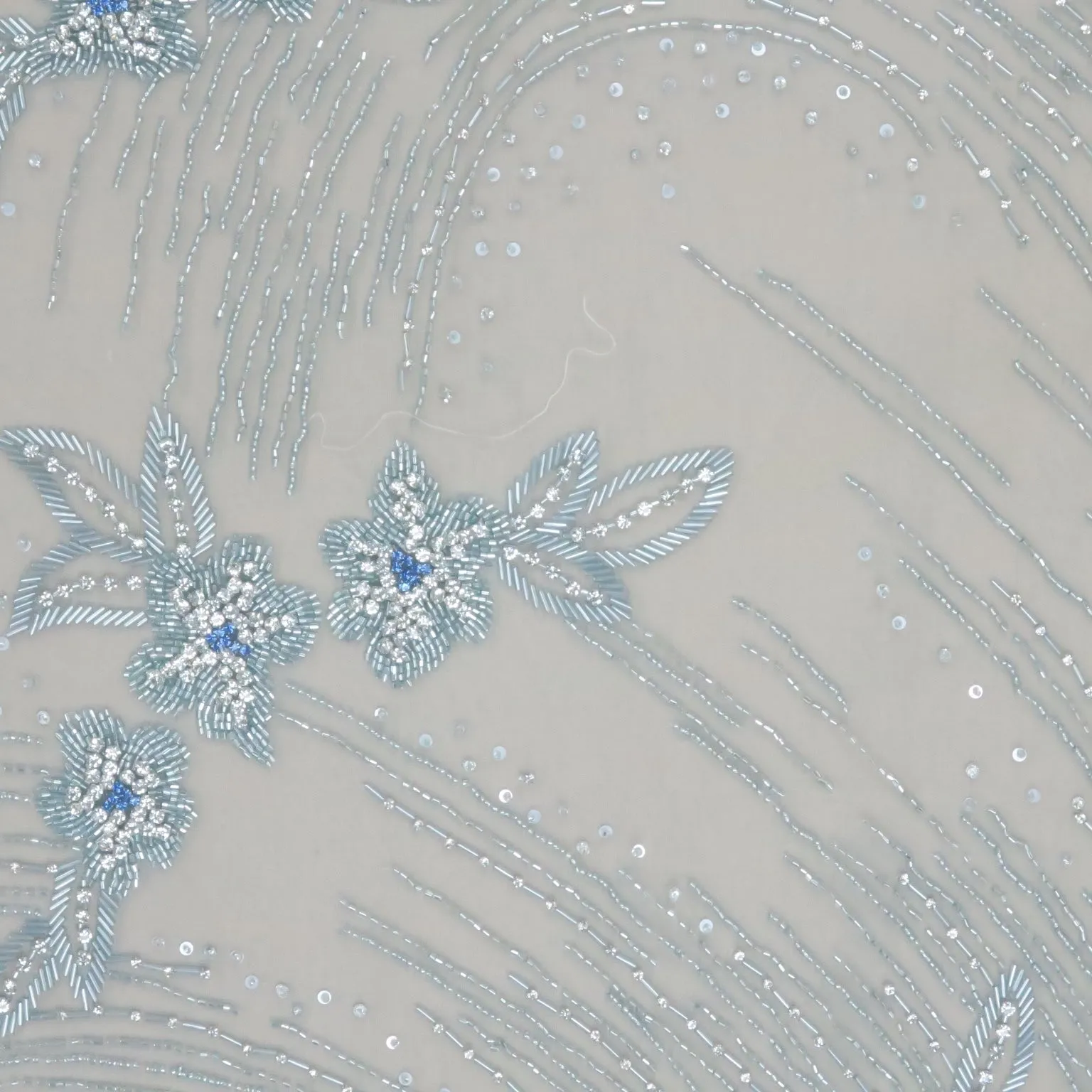 Blue Floral Bugle Beads and Rhinestones Embroidered Tulle Fabric