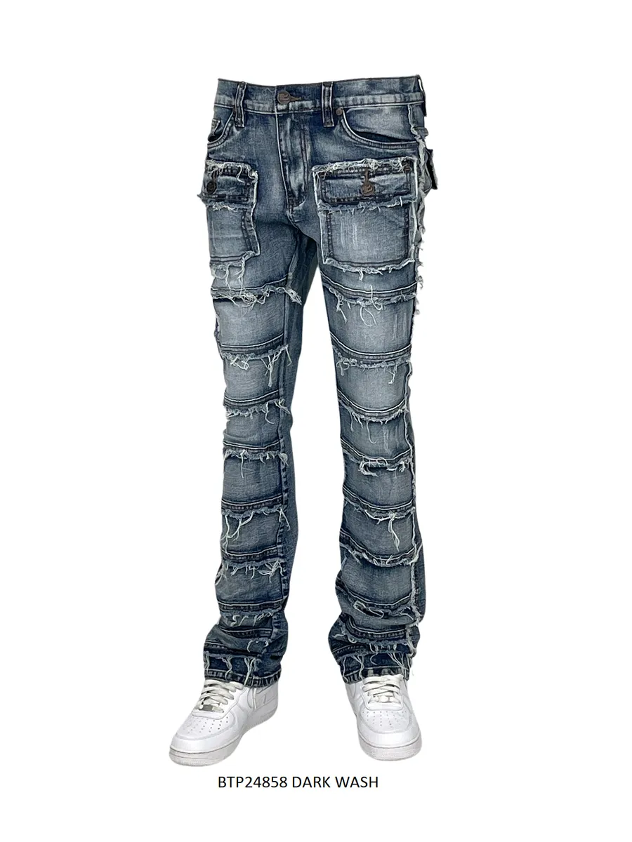 Blue Stacked Jeans Men's Denim Pants Frayed Stack Fit with Pockets