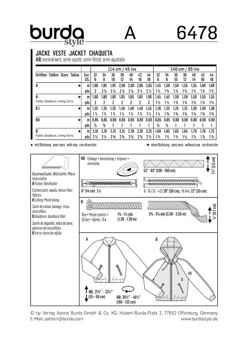 Burda Pattern 6478 Misses' Jackets (6-18)