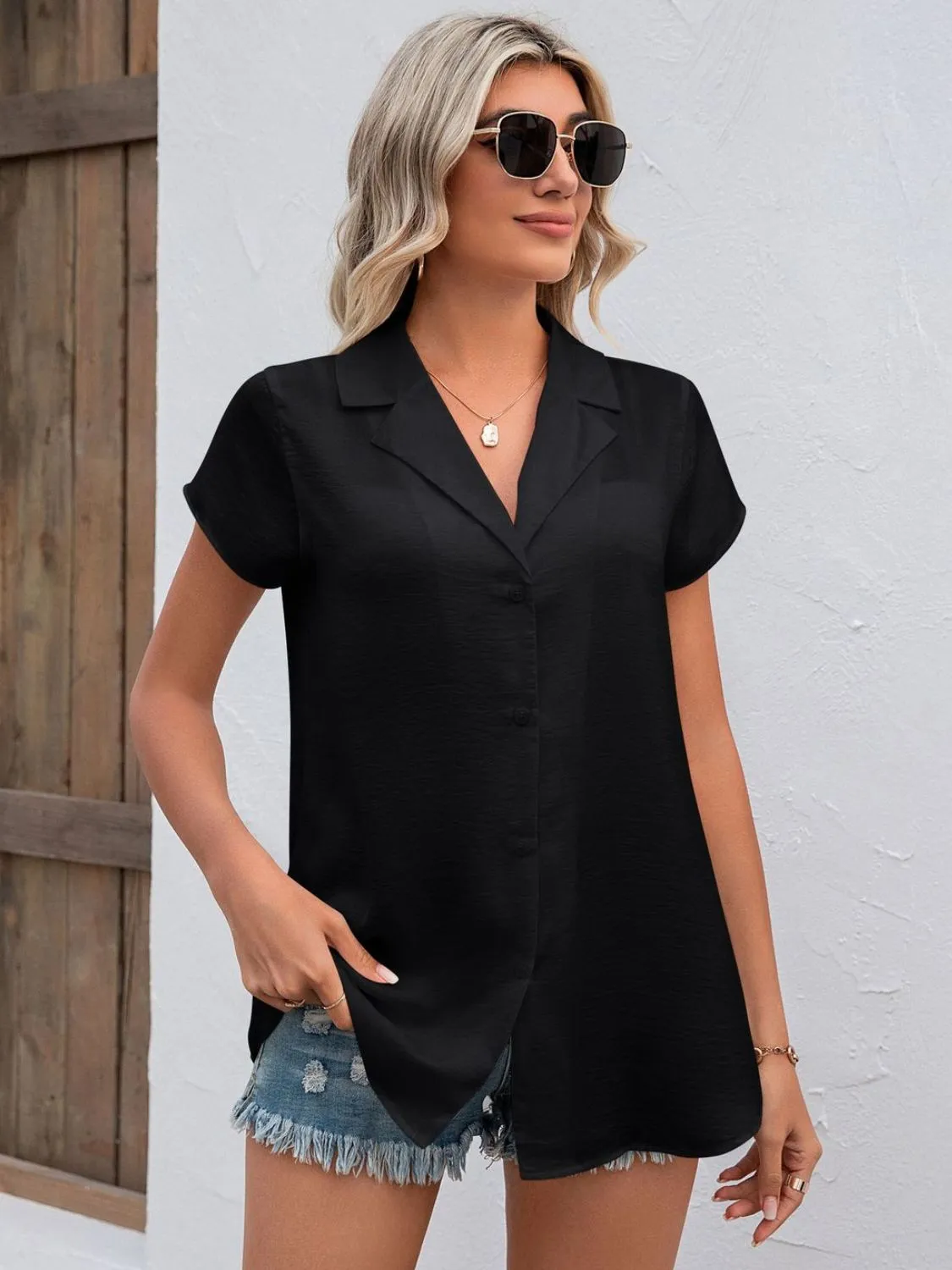 Button Up Collared Neck Short Sleeve Top