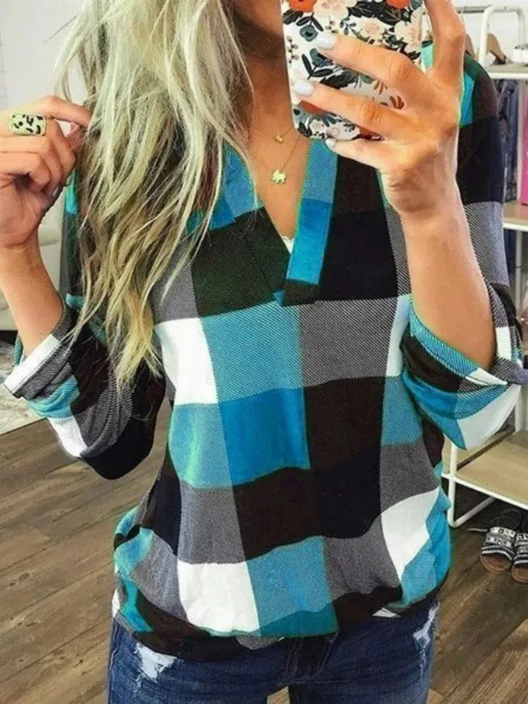 Casual Plaid V-Neck Blouse for Women