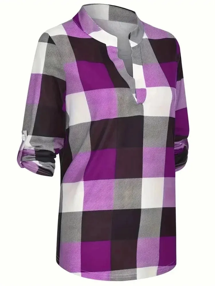 Casual Plaid V-Neck Blouse for Women