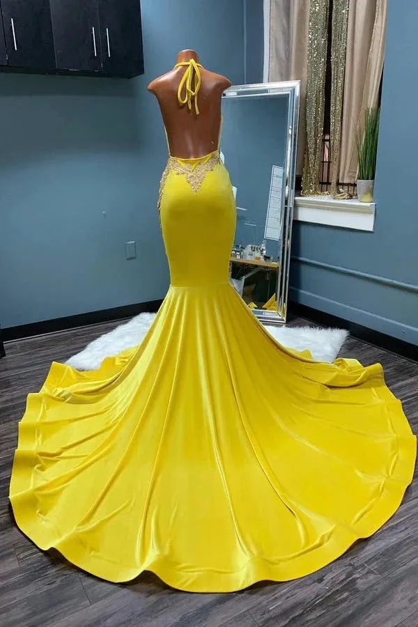 Chic Long Mermaid Halter Sleeveless Backless Formal Prom Dresses