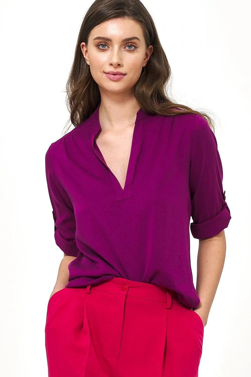 Chic Viscose Blouse with Unique Neckline Accents