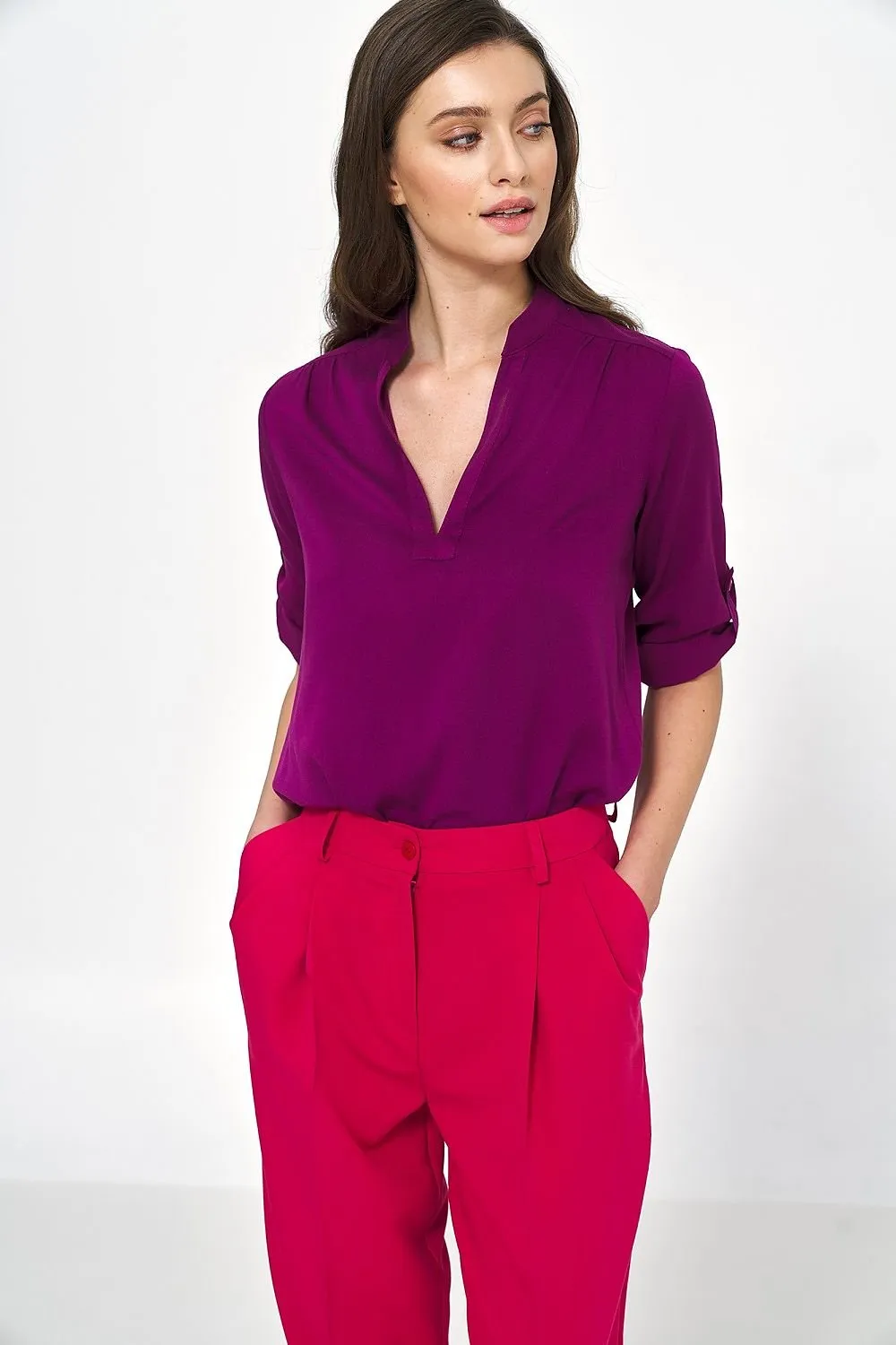 Chic Viscose Blouse with Unique Neckline Accents