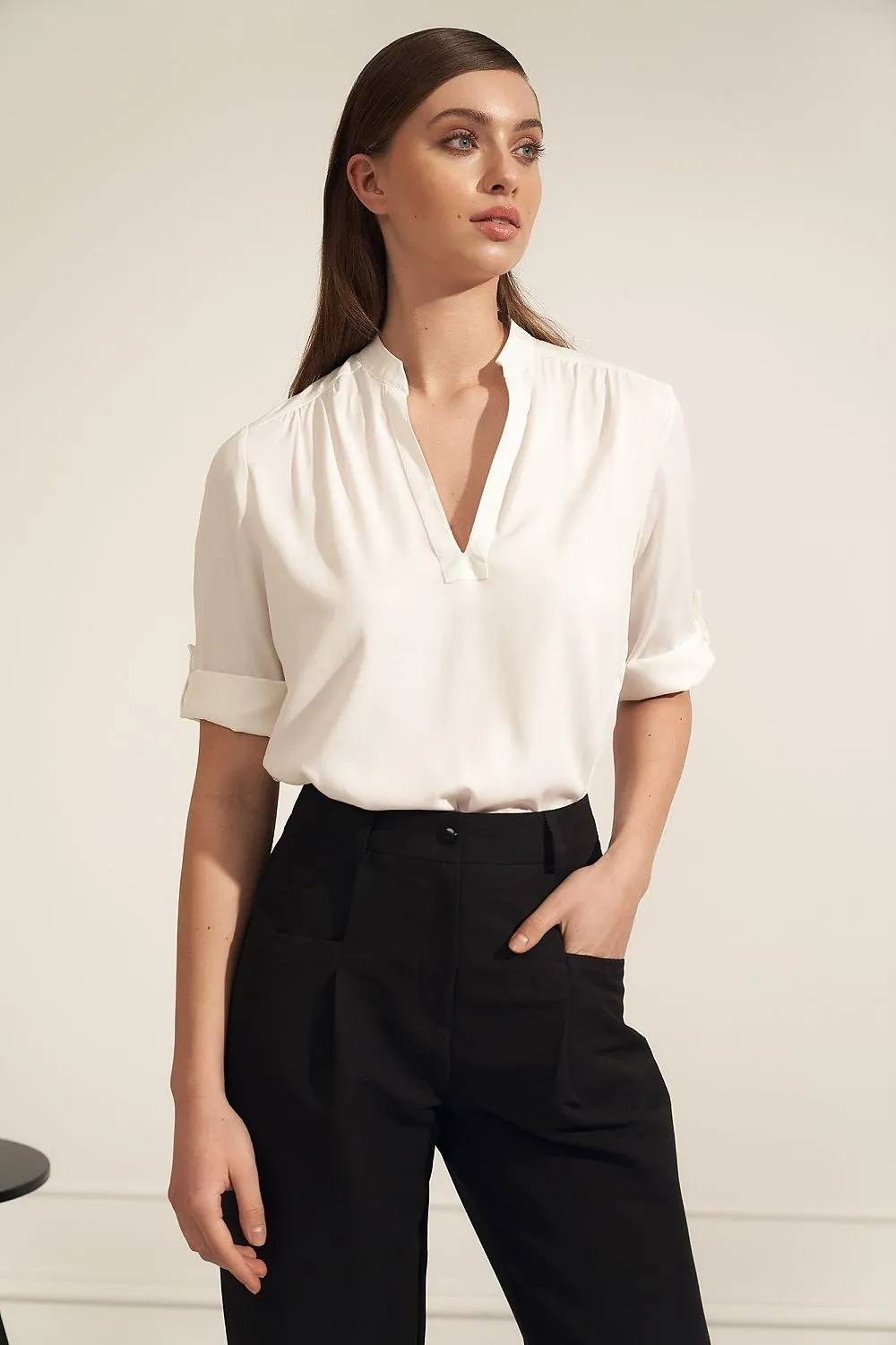 Chic Viscose Blouse with Unique Neckline Accents