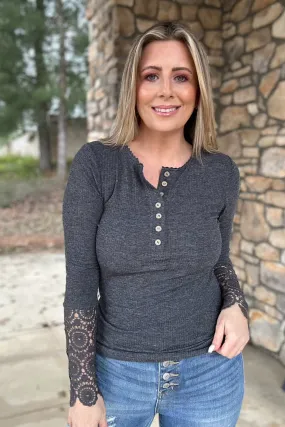 Dark Grey Crochet Lace Hem Sleeve Button Top