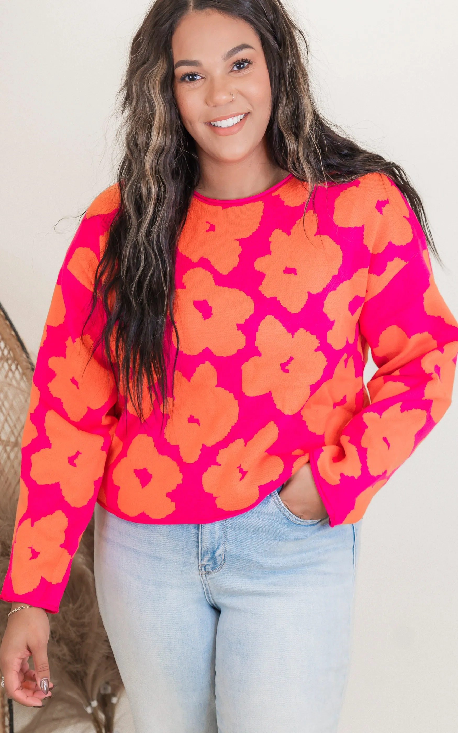 Floral Jacquard Relaxed Cropped Sweater