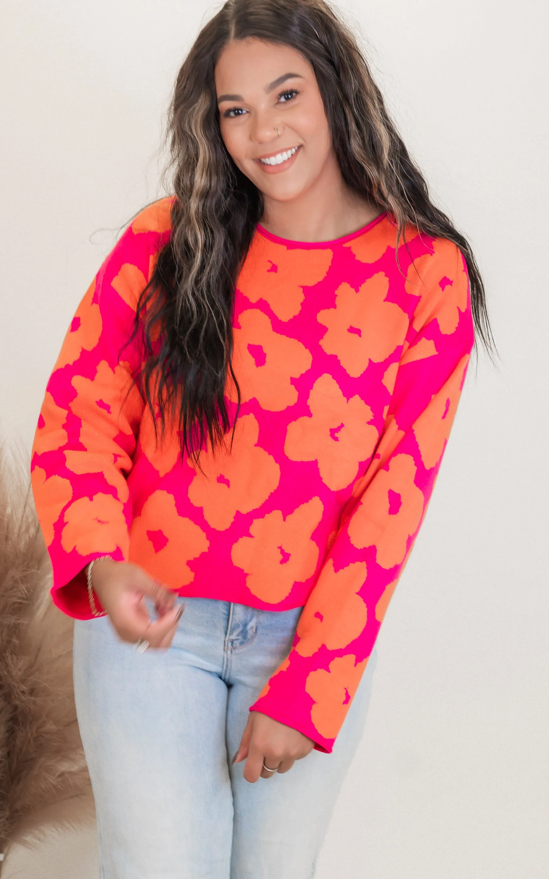 Floral Jacquard Relaxed Cropped Sweater