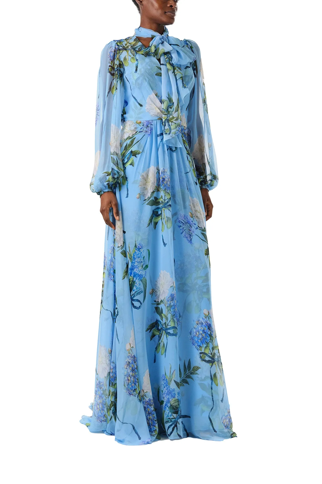 Floral Printed Chiffon Long Sleeve Gown