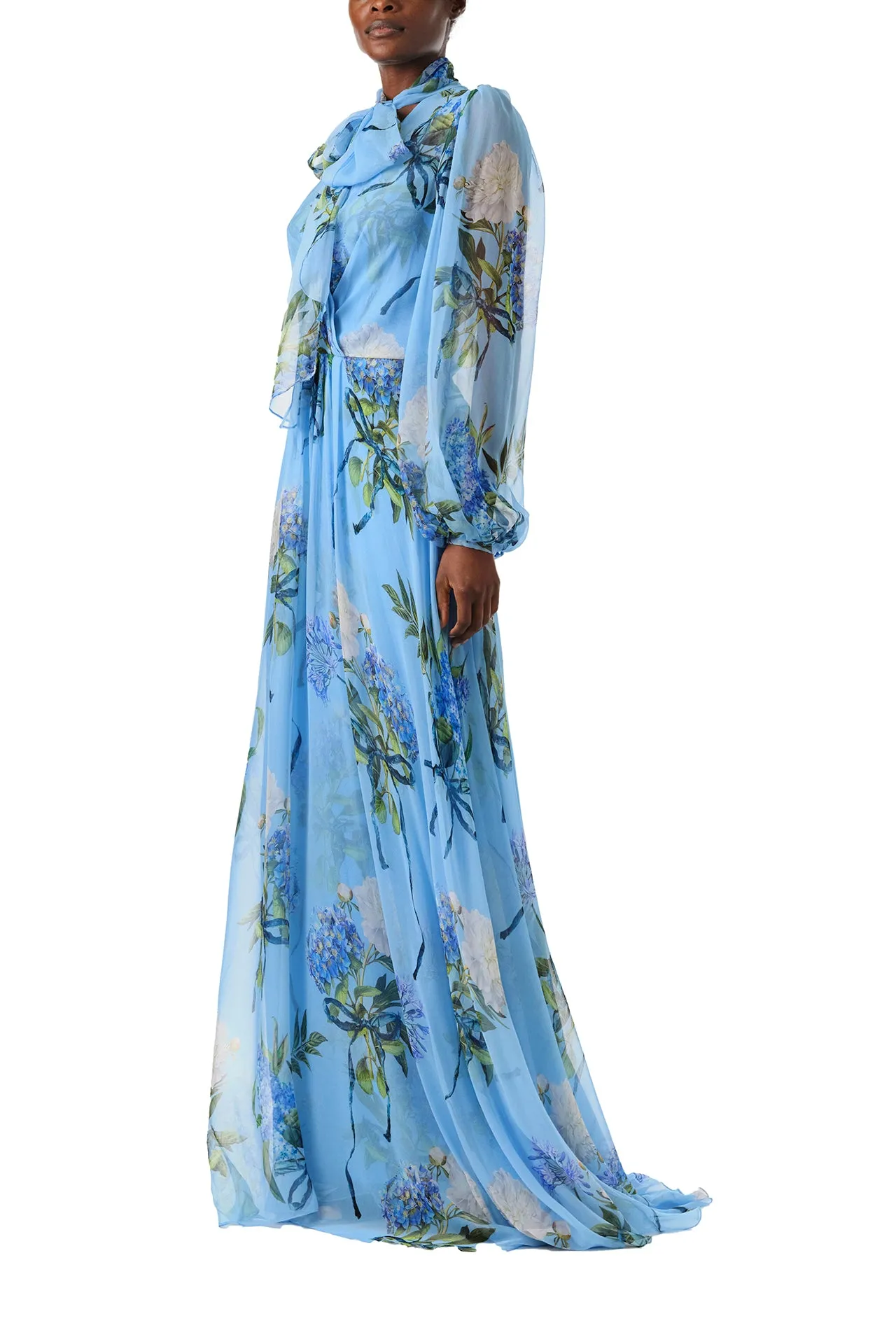 Floral Printed Chiffon Long Sleeve Gown