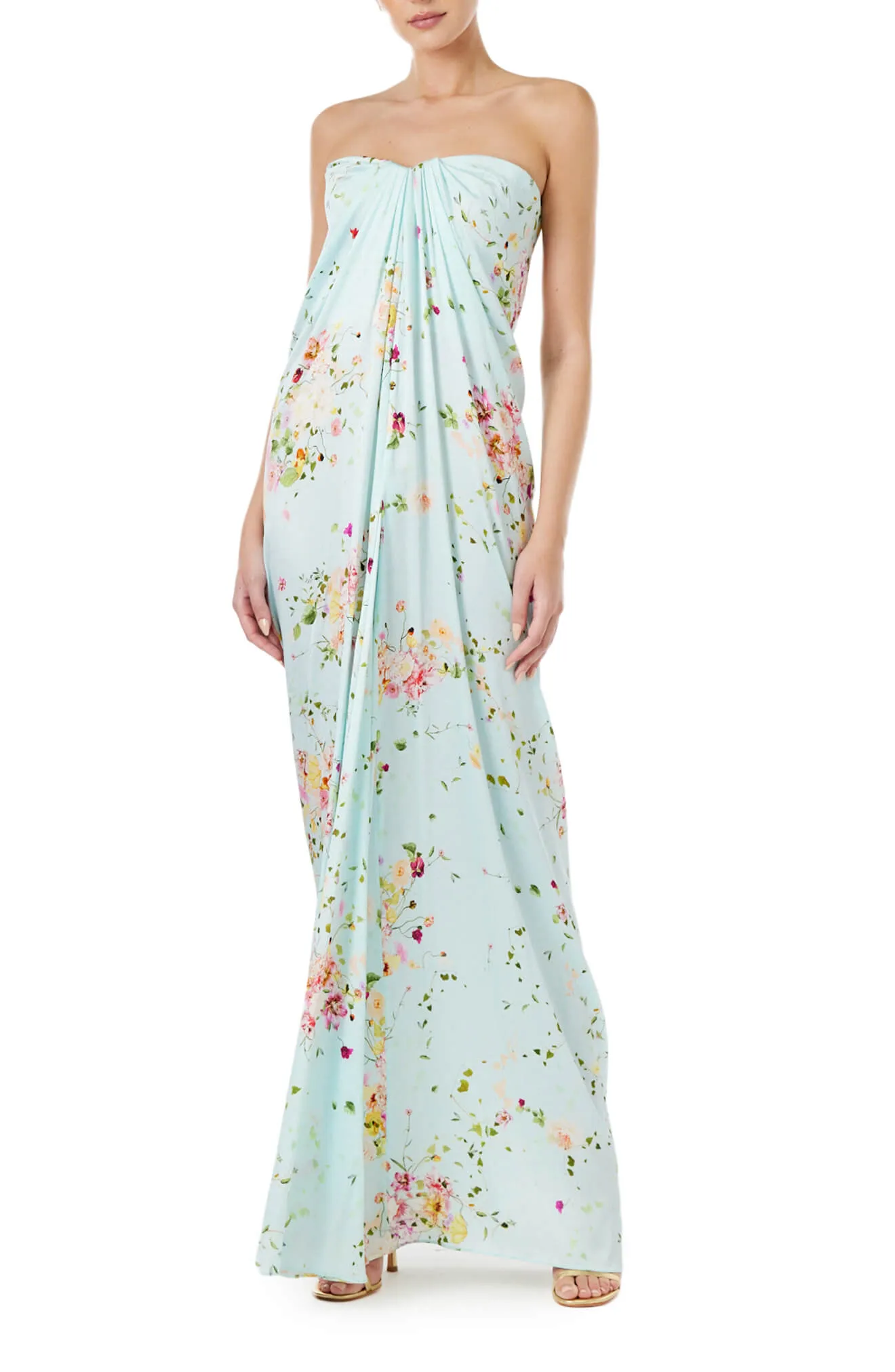 Floral Strapless Draped Gown