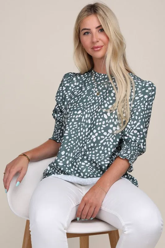 Green Abstract Dot Puff Sleeve Blouse