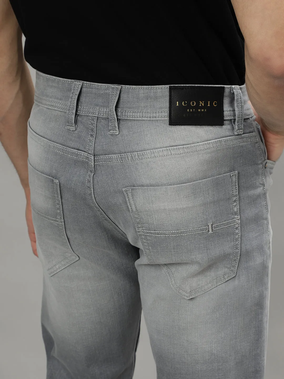 Iconic Men Grey Washed Mid-Rise Tapered Fit Jeans