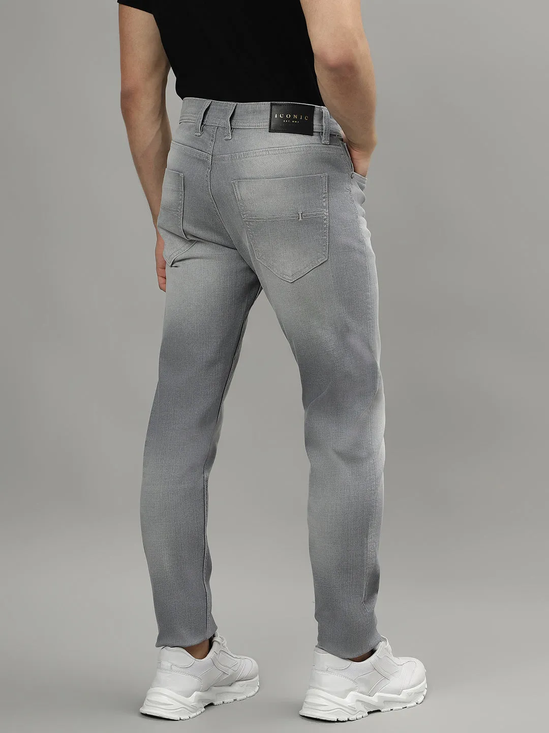 Iconic Men Grey Washed Mid-Rise Tapered Fit Jeans