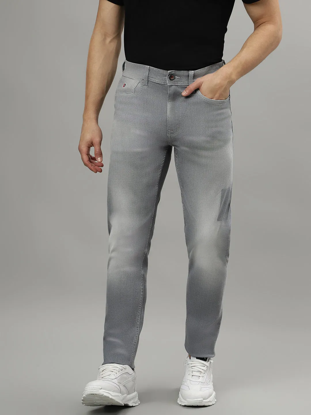 Iconic Men Grey Washed Mid-Rise Tapered Fit Jeans