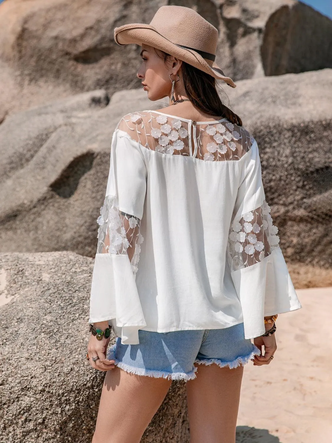 Lace Round Neck Long Sleeve Blouse