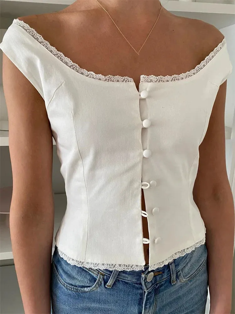 Lace Trim Sleeveless Blouse with Scoop Neck & Off-Shoulder Style