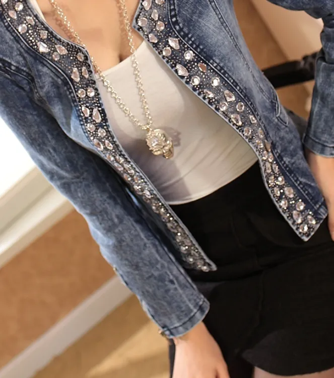 Ladies Stretch Denim Jacket with Rhinestone Sequins