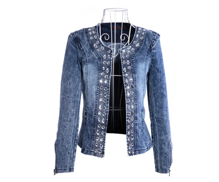 Ladies Stretch Denim Jacket with Rhinestone Sequins