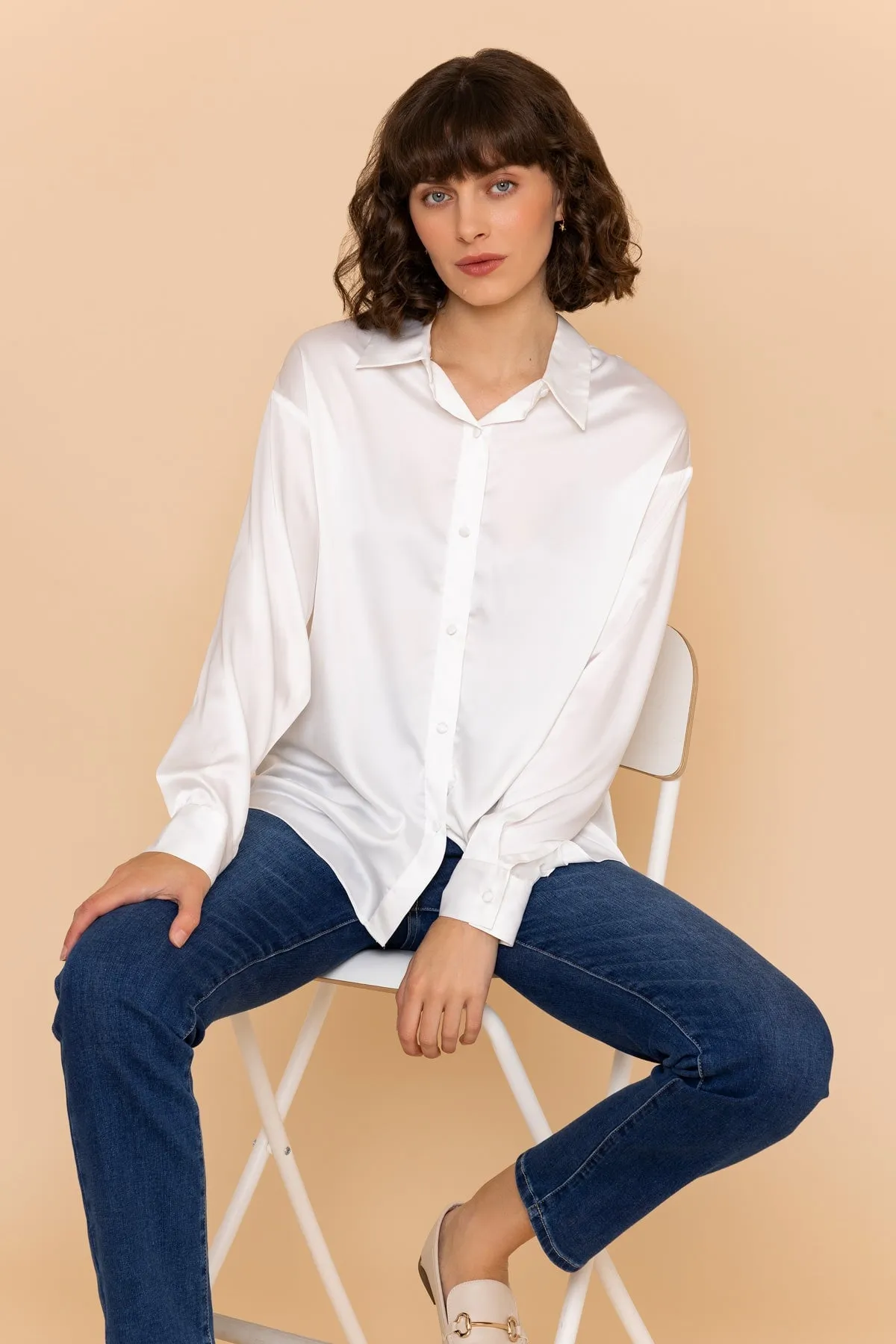 Long Sleeve Satin Oversized Blouse in Ivory