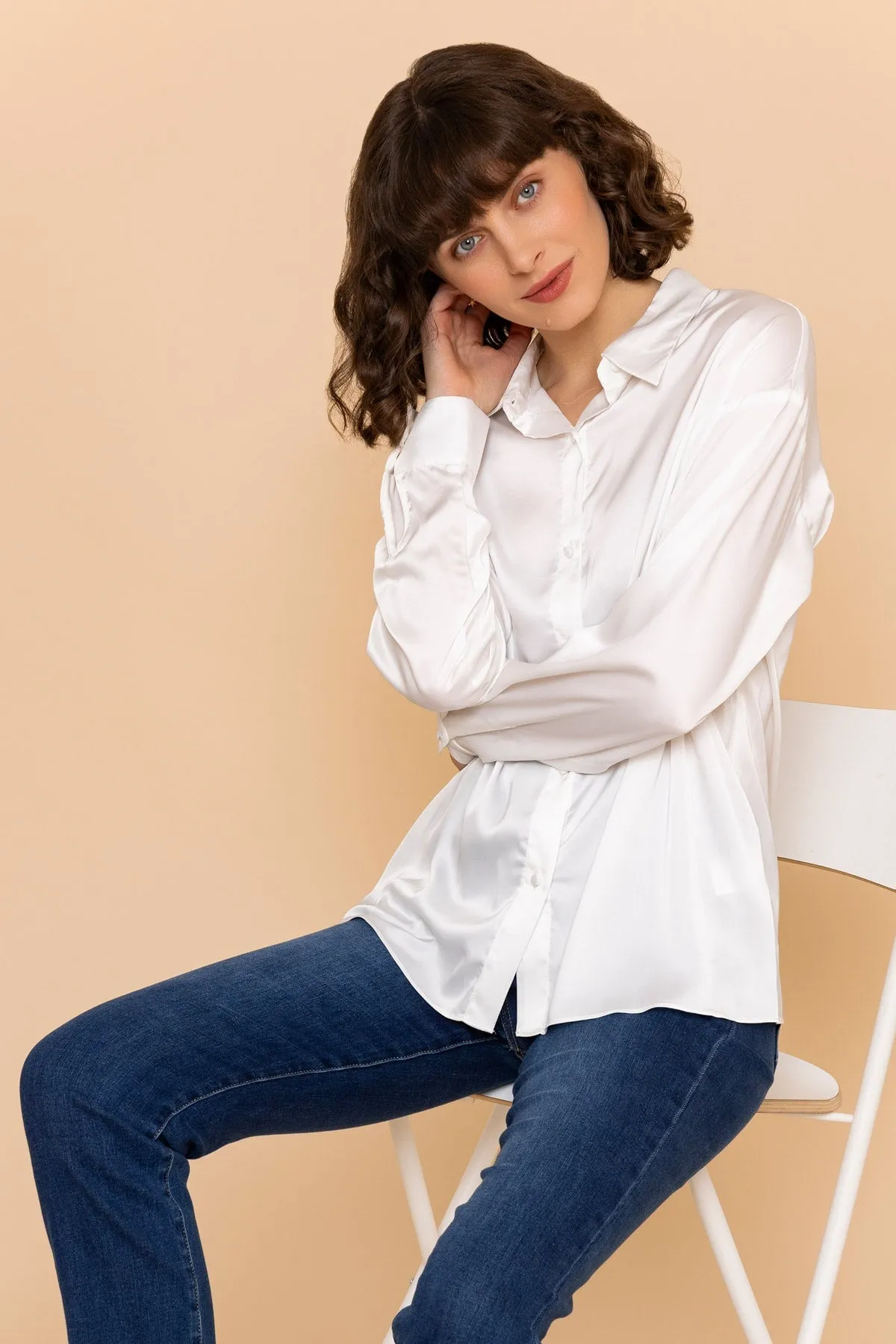 Long Sleeve Satin Oversized Blouse in Ivory