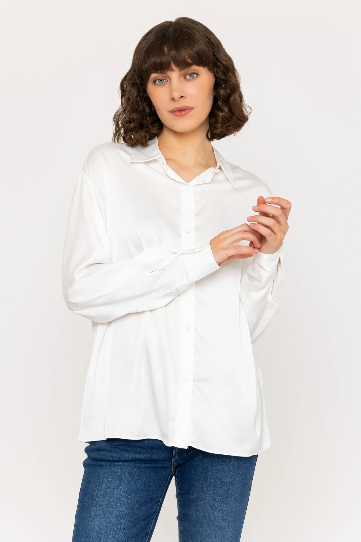 Long Sleeve Satin Oversized Blouse in Ivory