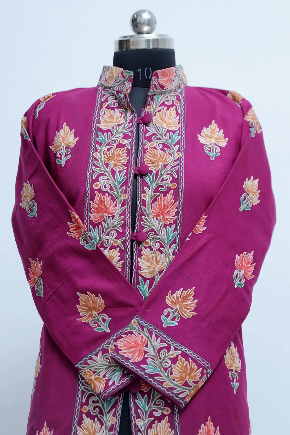 Magenta Colour Kashmiri Aari Work Embroidered Jacket With Beautiful Border And All over Motifs.