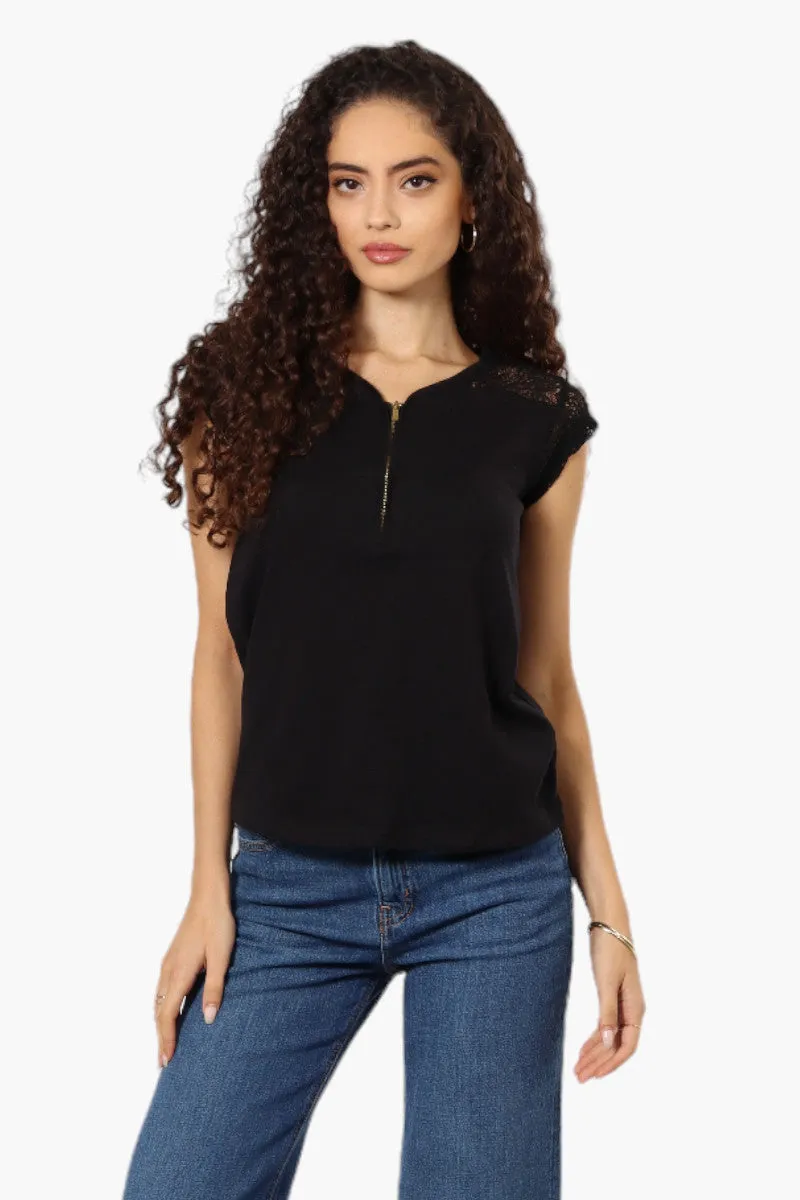 Majora Half Zip Lace Shoulder Tee - Black