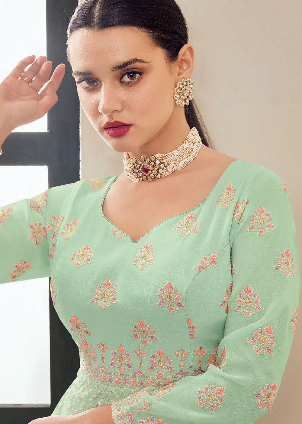 Mint Green Multi Thread Embroidered Anarkali Suit