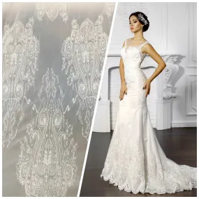 NEW Designer Bridal Embroidered 100% Silk Chiffon with Chandelier Motif in Ivory White