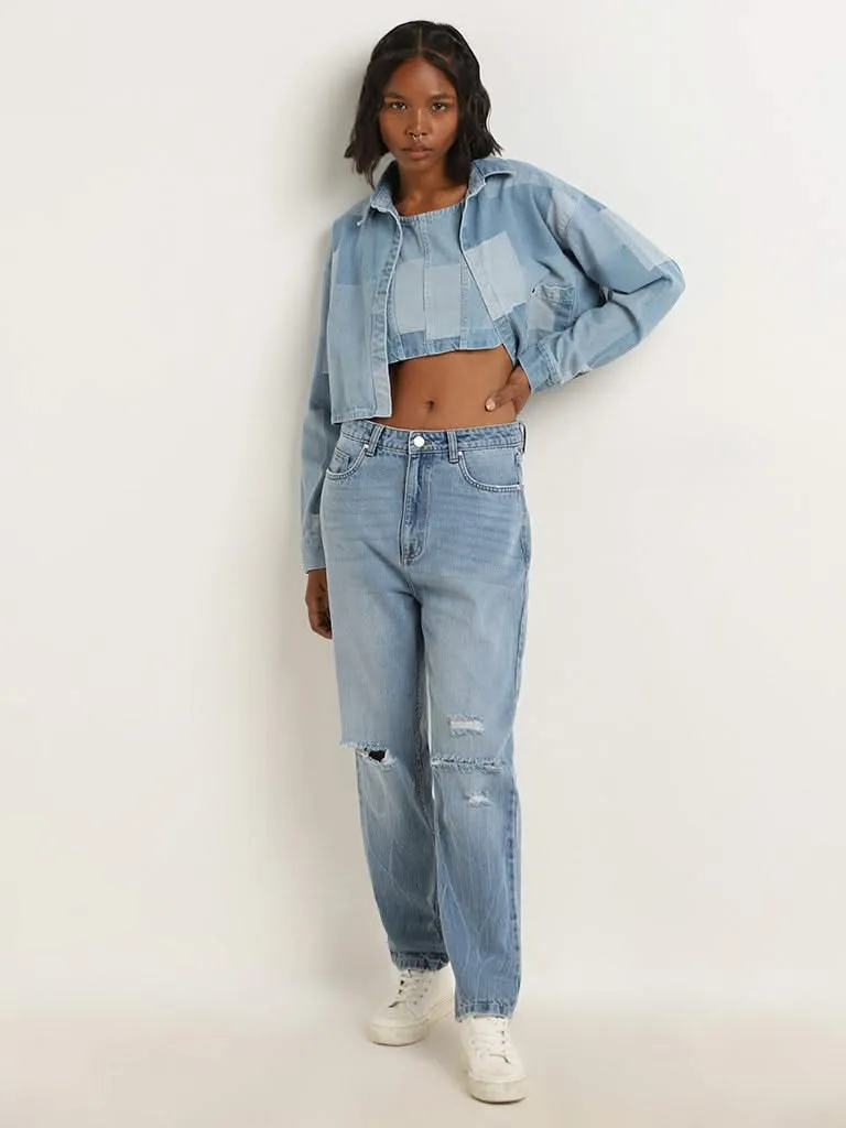 Nuon Blue Ripped Mid-Rise Straight Fit Jeans