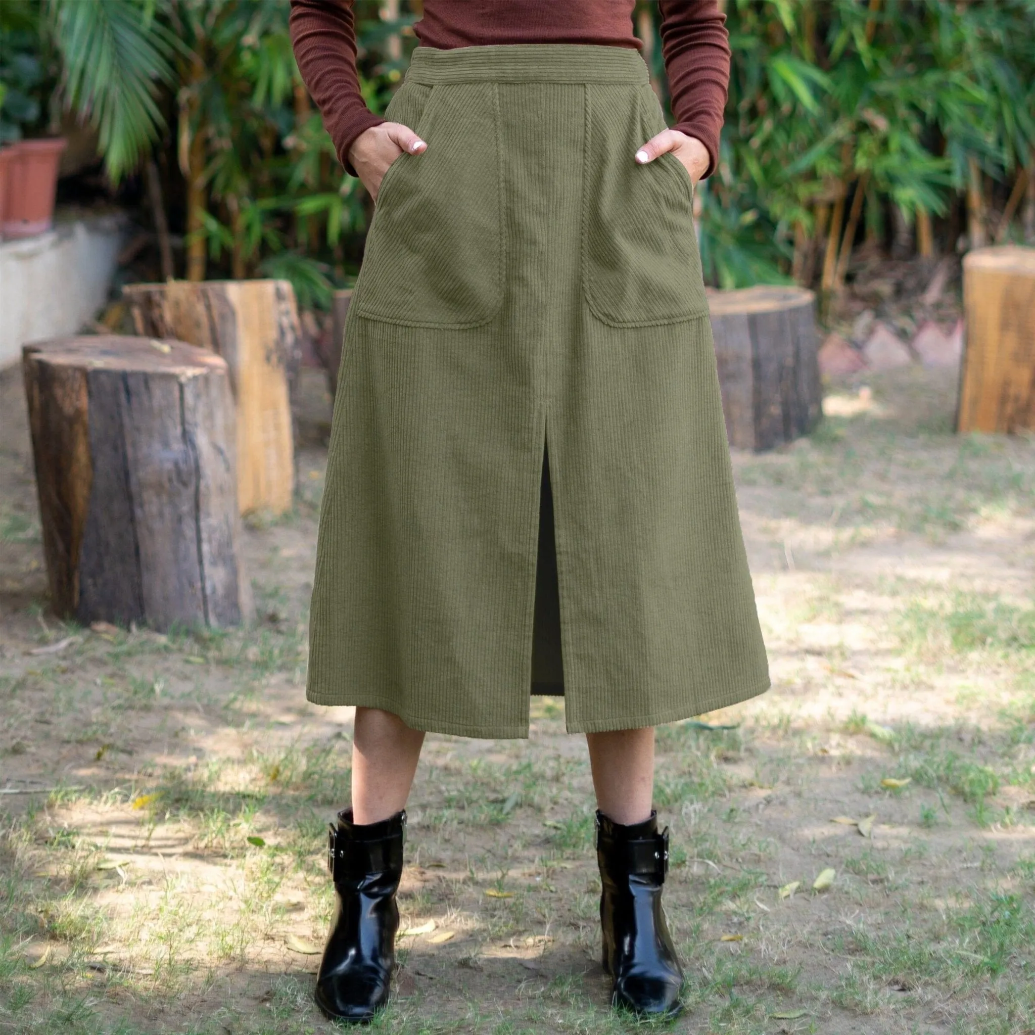 Olive Green Warm Cotton Corduroy High-Rise A-Line Midi Slit Skirt