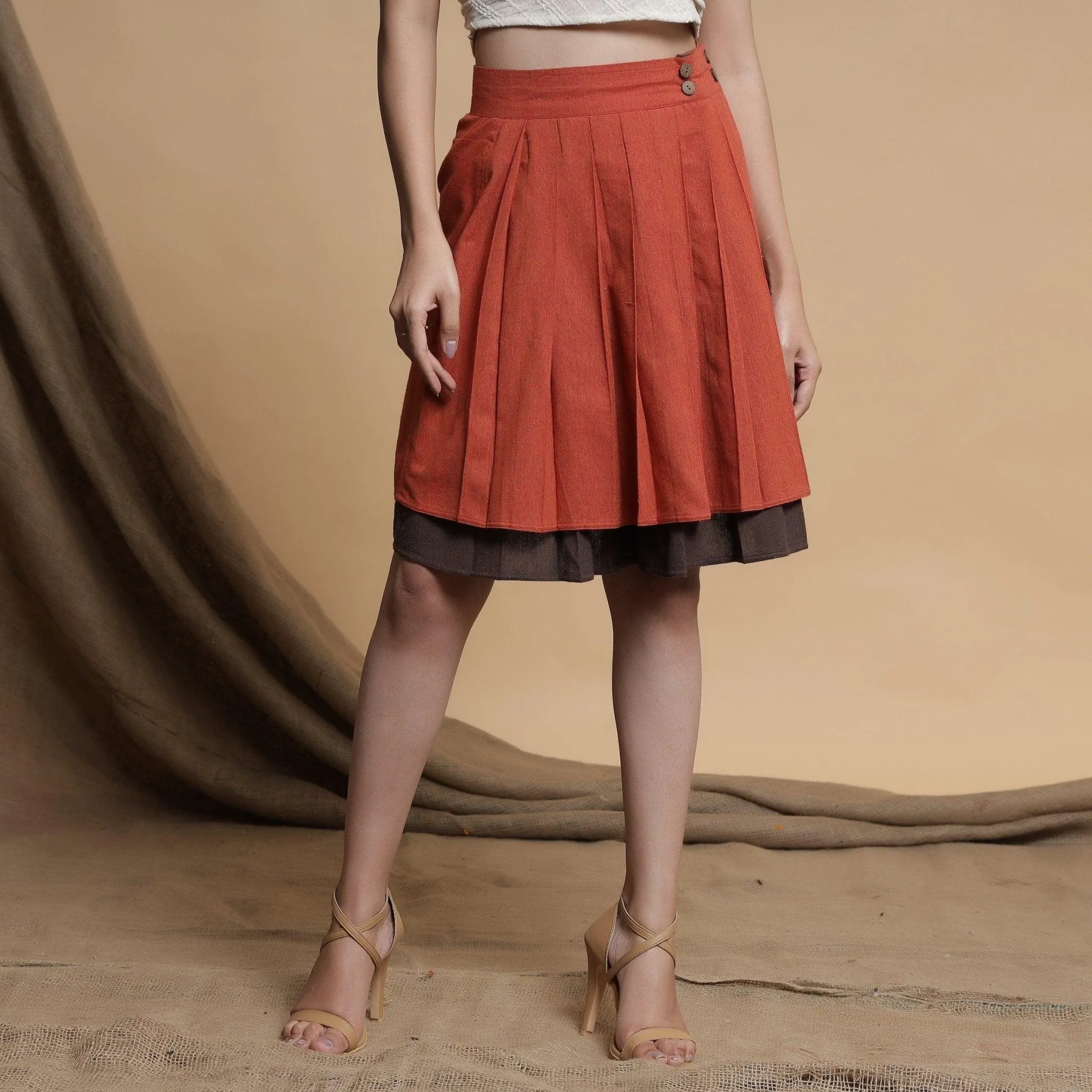 Orange and Brown Reversible Cotton Pleated Knee Length Skirt