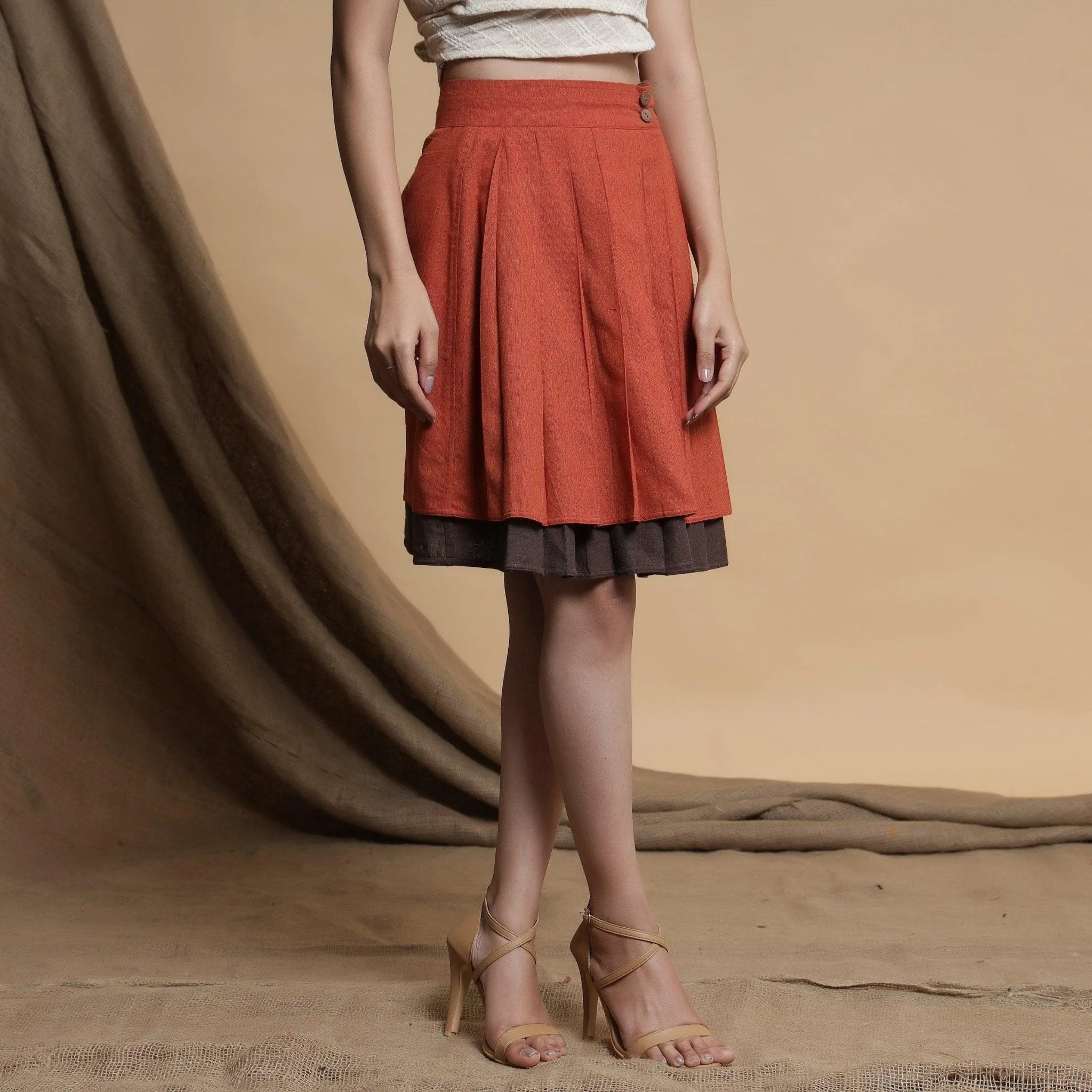 Orange and Brown Reversible Cotton Pleated Knee Length Skirt