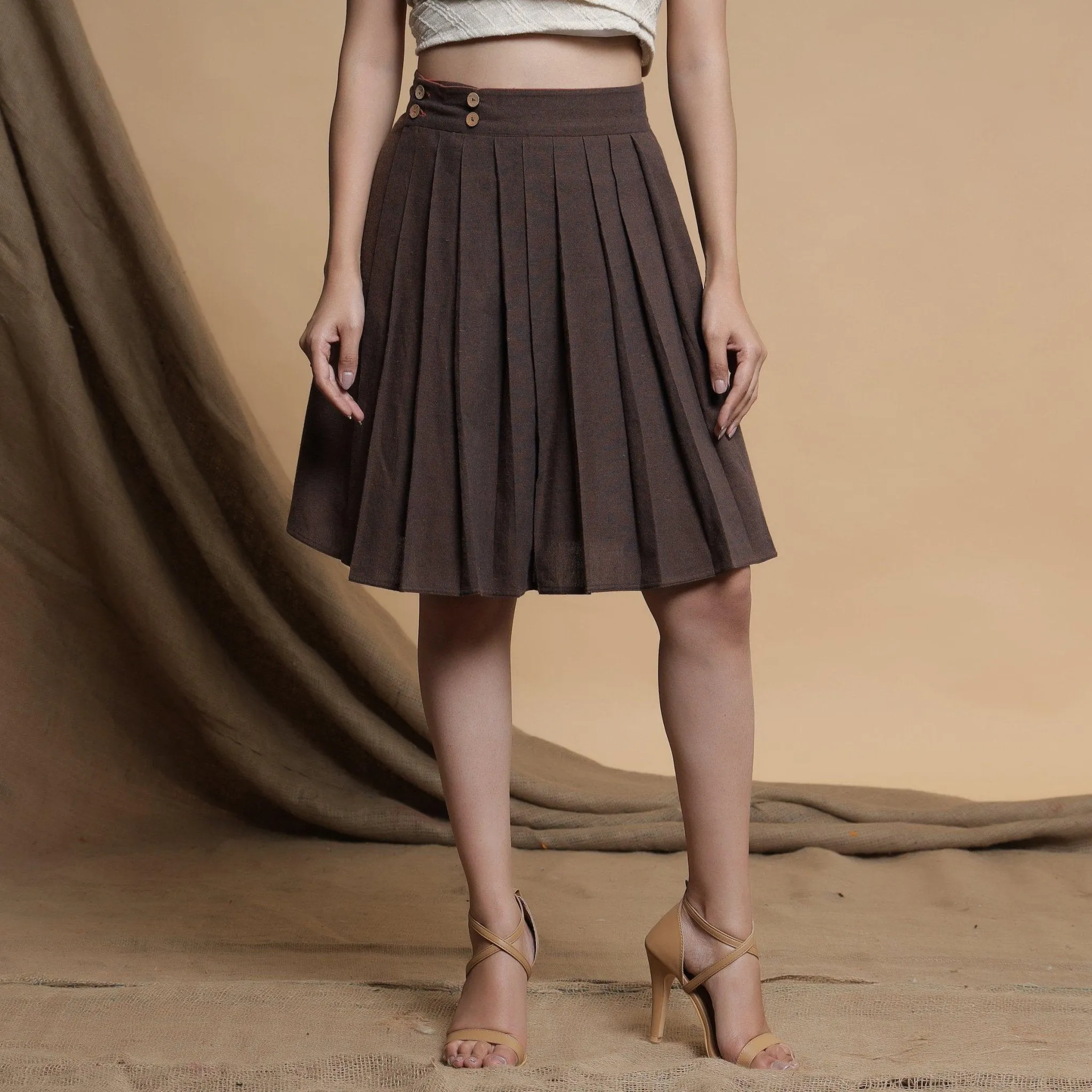 Orange and Brown Reversible Cotton Pleated Knee Length Skirt