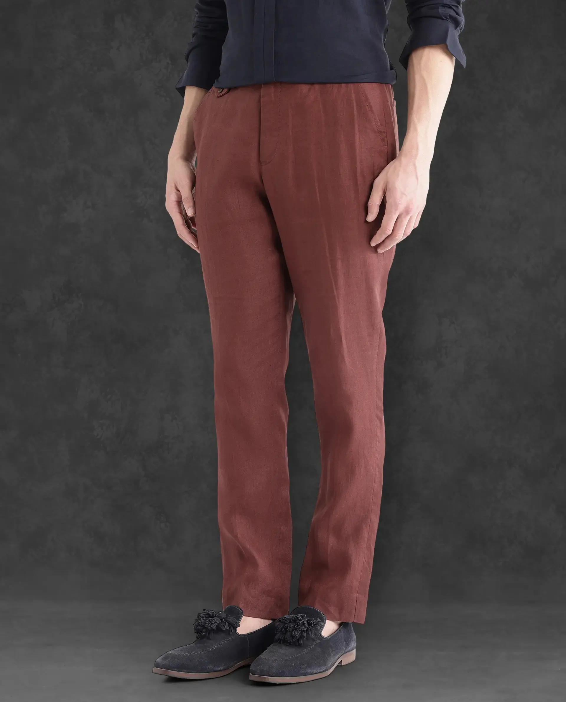 Rare Rabbit Men Arcelo-2 Rust Linen Mid Rise Regular Fit Solid Trousers