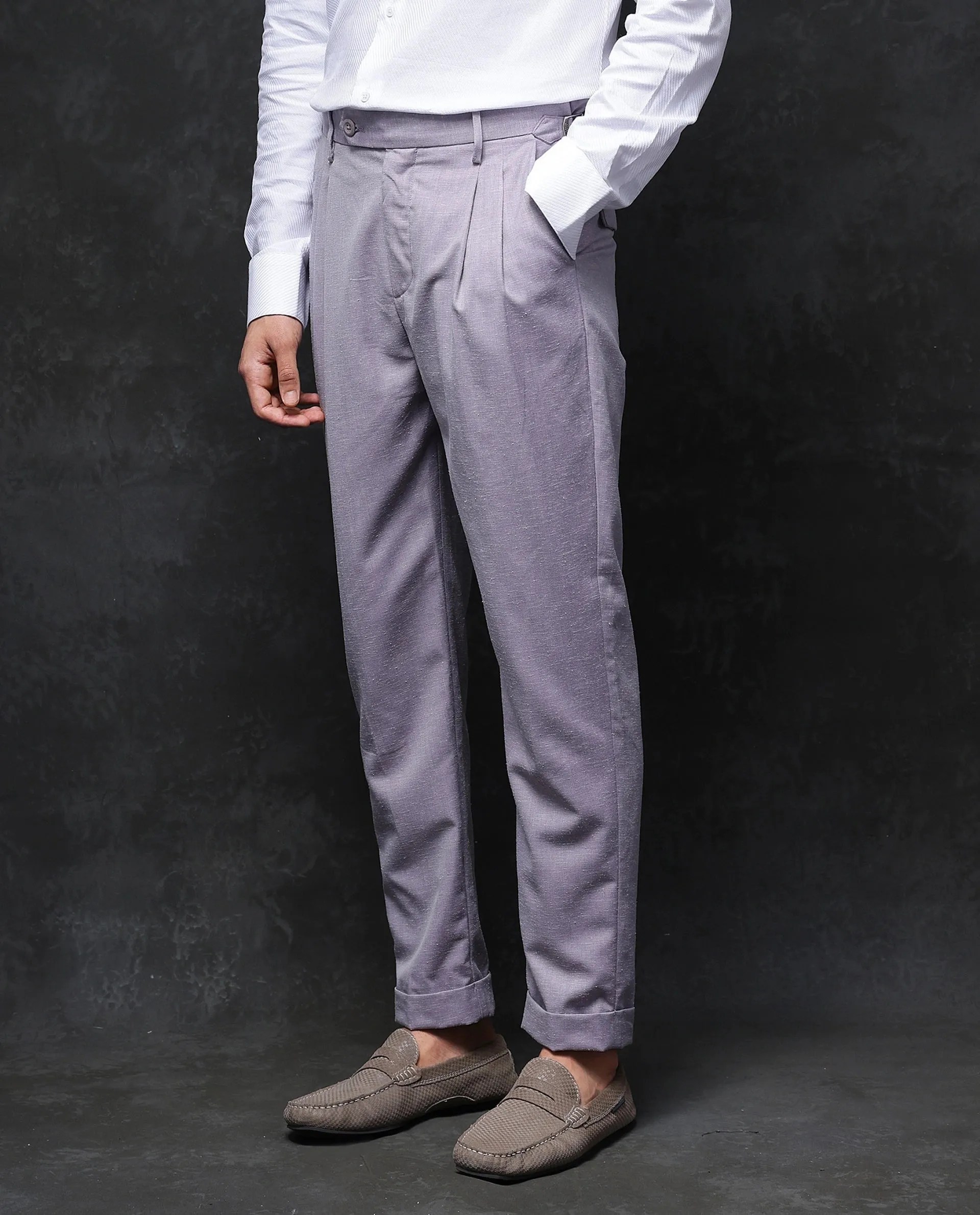 Rare Rabbit Men Rhesa Dusky Purple Linen Blend Pleated Button Closure Relaxed Fit Plain Trouser